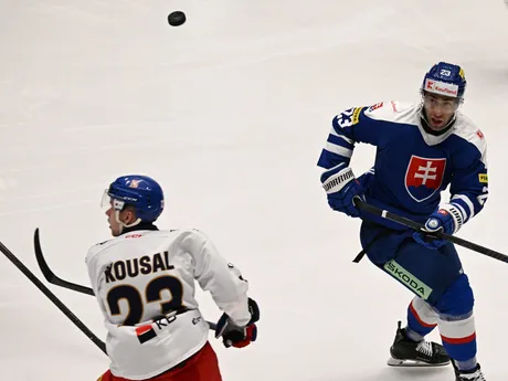 Na snímke slovenský hokejista Andrej Kudrna (vpravo) a hráč Česka Pavel Kousal (vľavo) bojujú o puk počas prípravného zápasu Česká republika - Slovensko.