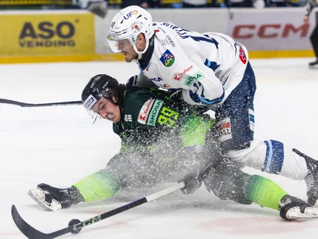 Zľava Miguel Tourigny (Žilina) a Martin Vitáloš (Nitra) bojujú o puk v šiestom zápase semifinále play-off Tipos extraligy DOXXbet Vlci Žilina - HK Nitra.