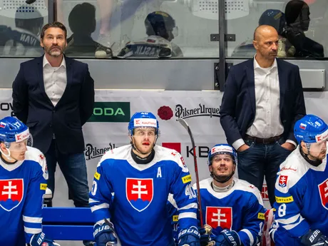 Na snímke hlavný tréner hokejovej reprezentácie SR Vladimír Országh (v pozadá vľavo), jeho asistent Ján Pardavý (v pozadí vpravo), ich zverenci Matej Kašlík (vľavo), Miloš Roman (druhý zľava) a Maxim Čajkovič (vpravo) sledujú zo striedačky prípravný zápas Česká republika - Slovensko.