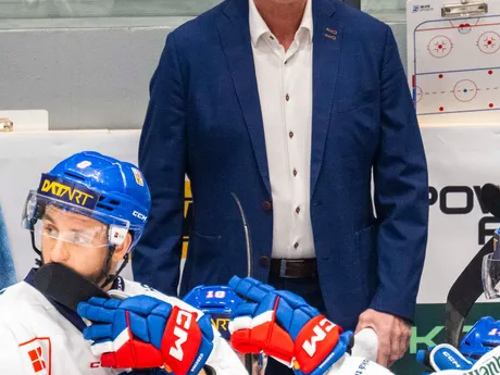 Na snímke hlavný tréner hokejovej reprezentácie Českej republiky Radim Rulík gestikuluje na striedačke počas prípravného zápasu Česká republika - Slovensko.