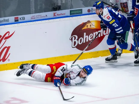 Na snímke zľava Filip Zadina (Česko) a Matúš Sukeľ (Slovensko) počas prípravného zápasu Česká republika - Slovensko.