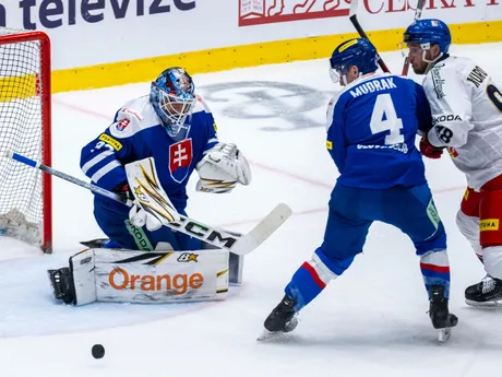 Na snímke zľava slovenský brankár Adam Húska, Dávid Mudrák (Slovensko) a Daniel Kurovský (Česko) počas prípravného zápasu Česká republika - Slovensko.