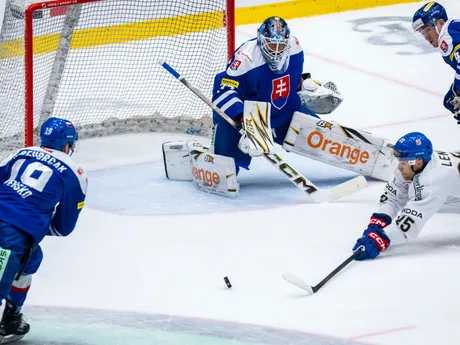 Na nsímke zľava Patrik Hrehorčák (Slovensko), slovenský brankár Adam Húska a Radan Lenc (Česko) počas prípravného zápasu Česká republika - Slovensko.