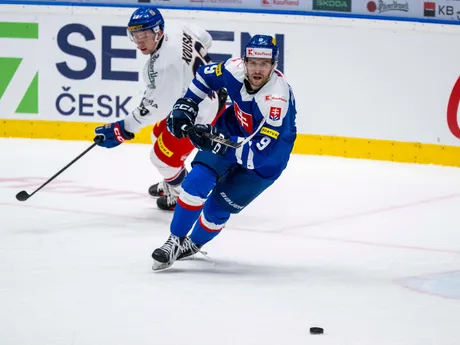 Pavel Kousal (Česko) a Rayen Petrovický (Slovensko) bojujú o puk v odvetnom prípravnom zápase.
