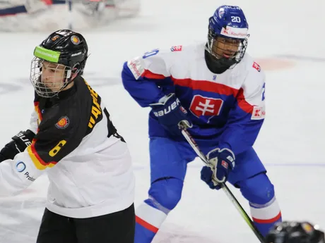Momentka zo zápasu Slovensko - Nemecko vo štvrťfinále MS v hokeji do 18 rokov 2025.