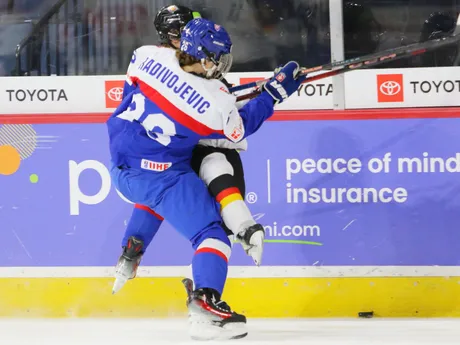 Momentka zo zápasu Slovensko - Nemecko vo štvrťfinále MS v hokeji do 18 rokov 2025.