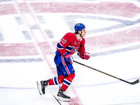 Juraj Slafkovský v 3. zápase 1. kola play-off NHL: Montreal Canadiens - Washington Capitals.