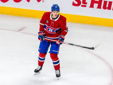 Juraj Slafkovský vo 4. zápase 1. kola play-off NHL: Montreal Canadiens - Washington Capitals.