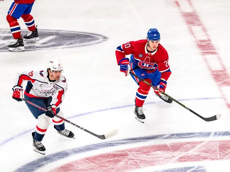Juraj Slafkovský v 3. zápase 1. kola play-off NHL: Montreal Canadiens - Washington Capitals.