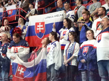 slovenskí fanúšikovia počas prípravného hokejového zápasu pred majstrovstvami sveta medzi Slovenskom a Francúzskom