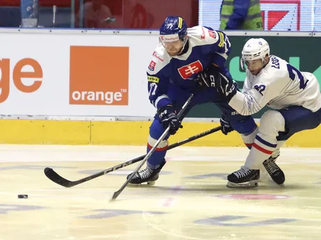 zľava Martin Faško-Rudáš (Slovensko) a Guillaume Leclerc (Francúzsko) bojujú o puk
