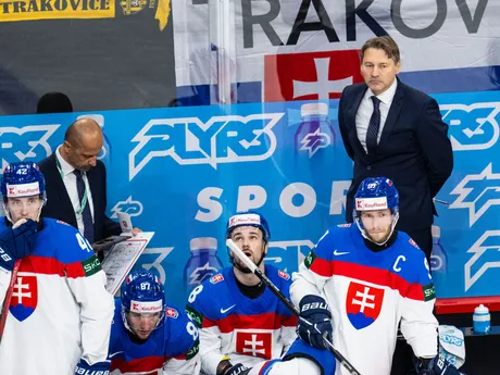 Na snímke je tréner slovenskej hokejovej reprezentácie Vladimír Országh spolu s hráčmi.