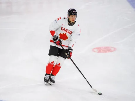 Ryker Evans pred zápasom Slovensko - Kanada v skupine A na MS v hokeji 2025.