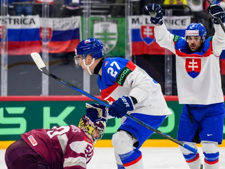 Sebastián Čederle sa teší po strelenom góle v zápase Slovensko - Lotyšsko v skupine A na MS v hokeji 2025.
