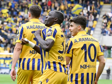 Alioune Sylla (Dunajská Streda) sa raduje po strelení gólu počas finále play-off v Niké lige o Konferenčnú ligu FC DAC 1904 Dunajská Streda - FK Železiarne Podbrezová.