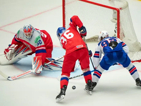 Brankár Česka Karel Vejmelka v zápase skupiny B na MS v hokeji 2025: Česko - USA.