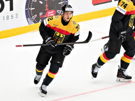 Germany's Dominik Kahun celebrates scoring during the group B IIHF Ice Hockey World Championships match between Germany and Hungary in Herning, Denmark, Saturday May 10, 2025. (Henning Bagger/Ritzau Scanpix via AP)