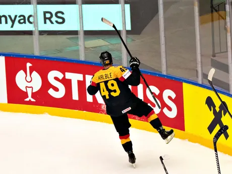Germany's Lukas KĂ¤lbie celebrates scoring during the group B IIHF Ice Hockey World Championships match between Germany and Hungary in Herning, Denmark, Saturday May 10, 2025. (Henning Bagger/Ritzau Scanpix via AP)