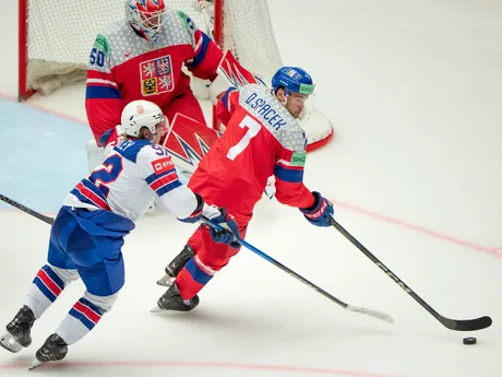 Útočník USA Logan Cooley a Čech David Špaček v zápase skupiny B na MS v hokeji 2025: Česko - USA.