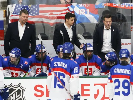 Slovenská striedačka v zápase o bronz Slovensko - USA na MS 18 v hokeji.
