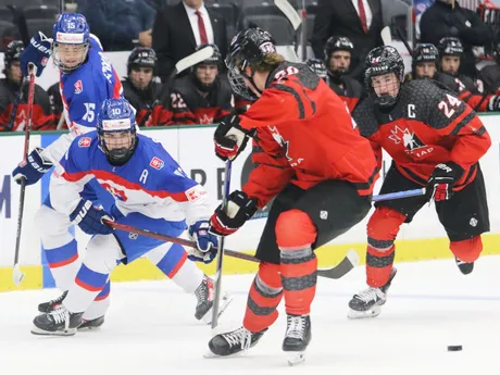 Andreas Straka a Michal Svrček  v semifinále MS 18 v hokeji Slovensko - Kanada.