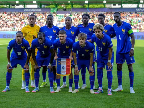 Futbalisti Francúzska počas zápasu Dánsko - Francúzsko vo štvrťfinále na EURO U21 2025 (ME vo futbale do 21 rokov).