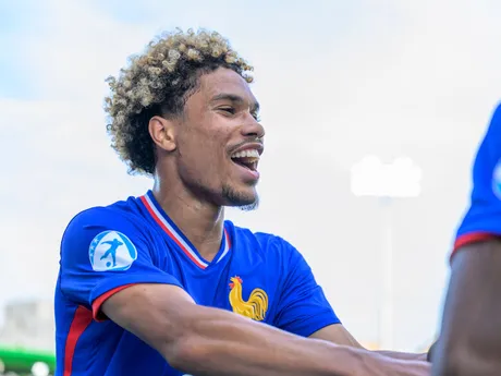 Félix Lemarechal (Francúzsko) sa teší z gólu počas zápasu Dánsko - Francúzsko vo štvrťfinále na EURO U21 2025 (ME vo futbale do 21 rokov).