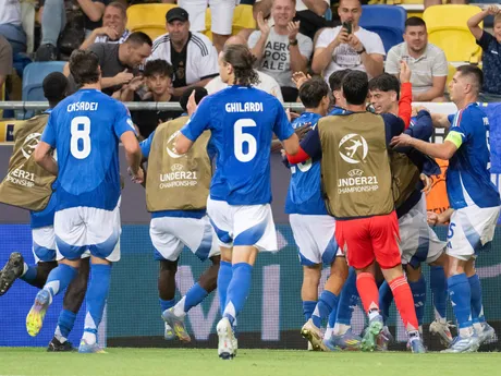 Na snímke gólová radosť Talianov na 2:2 v nadstavenom čase počas zápasu štvrťfinále Nemecko - Taliansko na majstrovstvách Európy hráčov do 21 rokov.