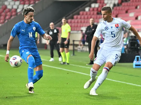 Ľubomír Šatka (Slovensko) a vľavo Guy Mizrahi (Izrael) počas prípravného zápasu.