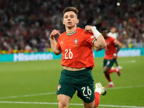 Francisco Conceicao oslavuje gól v zápase Nemecko - Portugalsko (semifinále Ligy národov)