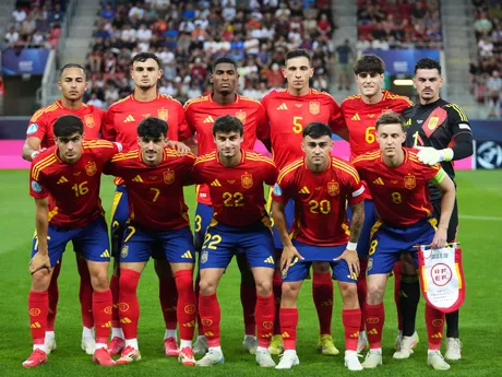 Futbalisti Španielska počas zápasu Španielsko - Anglicko vo štvrťfinále na EURO U21 2025 (ME vo futbale do 21 rokov).