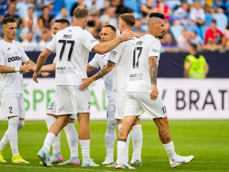 Na snímke Adam Nemec a Marek Hamšík oslavujú gól počas rozlúčkového zápasu s Marekom Hamšíkom na Národnom futbalovom štadióne 5. júla 2025 v Bratislave.