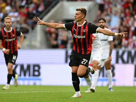 Na snímke hráč Trnavy Michal Tomič sa raduje po strelení gólu počas odvetného zápasu 2. predkola Konferenčnej ligy FC Spartak Trnava - FC Hibernians Paola.