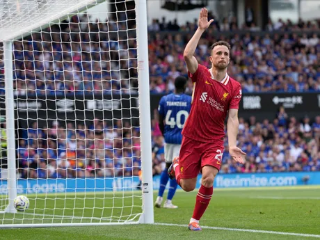 Diogo Jota sa teší po strelenom góle v zápase Ipswich Town - Liverpool FC v Premier League v auguste 2024.