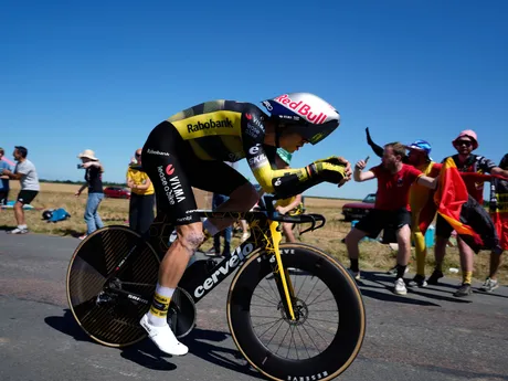 Wout van Aert competes during the fifth stage of the Tour de France cycling race, an indivdual time-trial over 33 kilometers (20.5 miles) with start and finish in Caen, France, Wednesday, July 9, 2025. (AP Photo/Mosa'ab Elshamy)