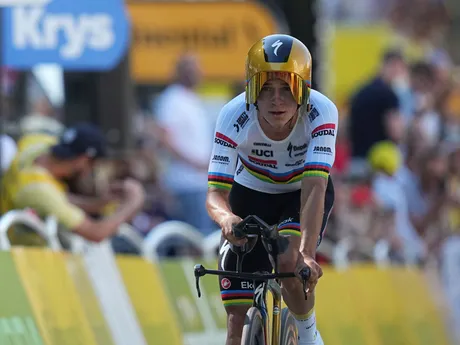 Belgium's Remco Evenepoel crosses the finish line during the fifth stage of the Tour de France cycling race, an indivdual time-trial over 33 kilometers (20.5 miles) with start and finish in Caen, France, Wednesday, July 9, 2025. (AP Photo/Thibault Camus)