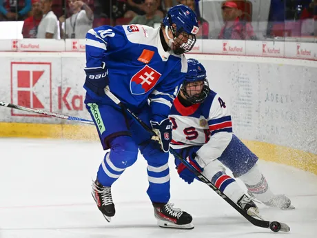 Sprava Kade Meyer (USA) a Oliver Ozogány (Slovensko) bojujú o puk počas hokejového zápasu Slovensko 18 - USA 18 na prestížnom turnaji hráčov do 18 rokov Hlinka Gretzky Cup.