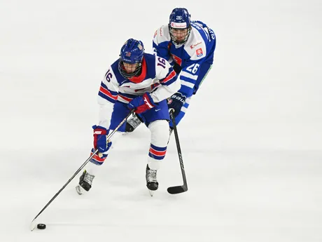 Sprava Juraj Rausa (Slovensko) a Josephh Salandra (USA) bojujú o puk počas hokejového zápasu Slovensko 18 - USA 18 na prestížnom turnaji hráčov do 18 rokov Hlinka Gretzky Cup.