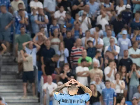 Na snímke Tigran Barseghjan (Slovan) reaguje po nepremenej penalte v penaltovom rozstrele v odvetnom zápase 3. predkola Ligy majstrov vo futbale ŠK Slovan Bratislava – Kajrat Almaty.