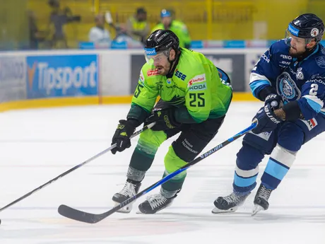 Filip Vašaš (Žilina) a Matej Bača (Nitra) bojujú o puk počas zápasu 1. kola hokejovej Tipos extraligy.