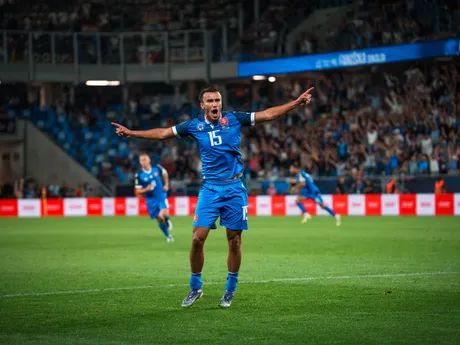 Dávid Strelec oslavuje gól v zápase  Slovensko - Nemecko (Kvalifikácia MS 2026)