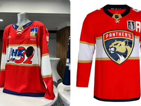 Vľavo nový dres Liptovského Mikuláša, vpravo dres tímu NHL Floridy Panthers.