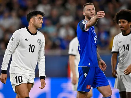 Nadiem Amiri, Milan Škriniar a Karim Adeyemi  v zápase Slovensko - Nemecko v kvalifikácii MS vo futbale 2026. 