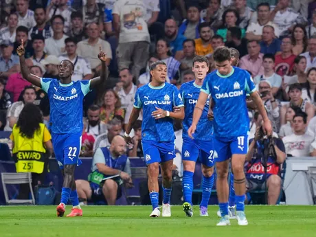 Marseille oslavuje gól počas zápasu 1. kola ligovej fázy Ligy majstrov Real Madrid - Olympique Marseille. 