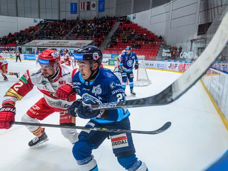 Na snímke zľava Lukáš Kozák (Prešov) a Sebastián Čederle (Nitra) bojujú o puk v zápase 10. kola hokejovej Tipsport extraligy HC Prešov - HK Nitra.