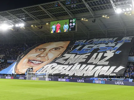 Choreo fanúšikov Slovana Bratislava pred zápasom proti Štrasburgu v Konferenčnej lige.
