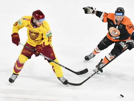 Sprava Patrik Svitana z Michaloviec a Jordan Raymond Bellerive z Trenčína bojujú o puk v zápase 10. kola hokejovej Tipsport ligy HK Dukla Trenčín a HK Dukla Michalovce.