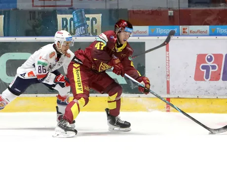 Daniel Brejčák (Zvolen) a Tomáš Dudáš (Trenčín) bojujú o puk počas predohrávky 14. kola Tipsport ligy.