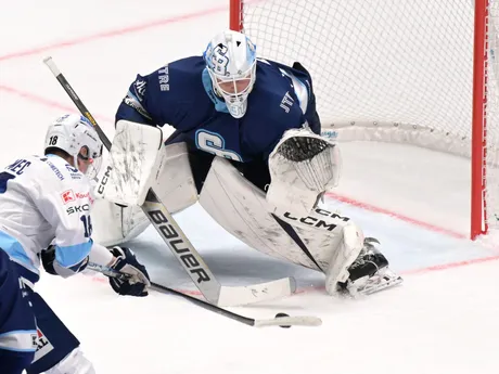 Zľava Adam Nemec (Nitra) a brankár Henri Kiviaho (Bratislava) v zápase 14. kola hokejovej Tipsport ligy medzi HK Nitra - HC Slovan Bratislava.