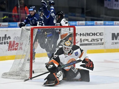 Vladimír Glosár (Michalovce) inkasuje gól v zápase 13. kola hokejovej Tipos extraligy HK Dukla Michalovce - HK Poprad.